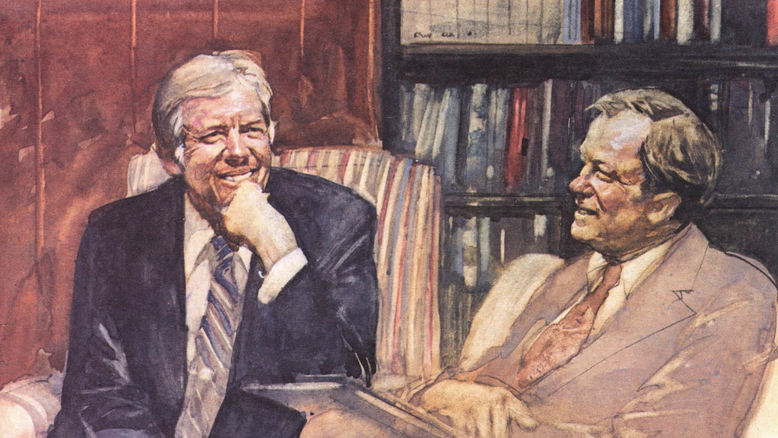 A drawing of President Carter and former Emory President James Laney with the two men seated in front of a bookshelf