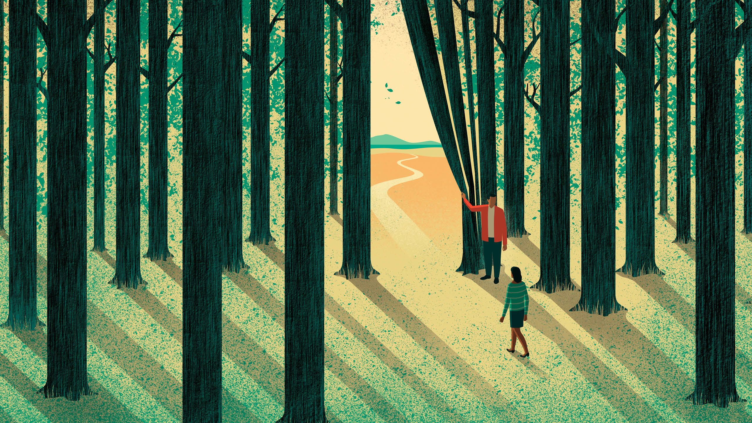 An illustration of a man parting a "curtain of trees" in a forest for a woman to walk through the opening, with a winding path leading to a distant horizon.