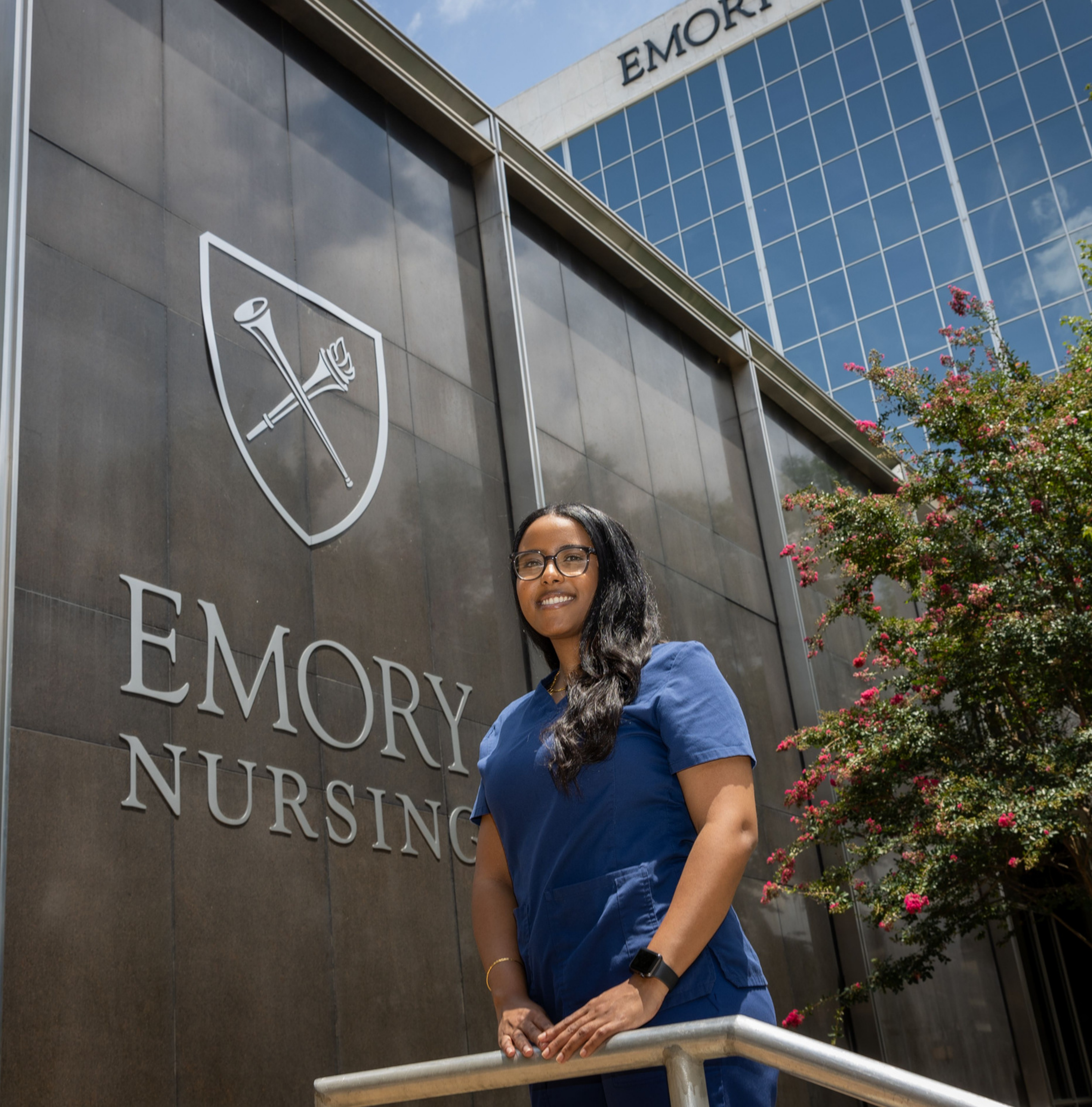 Student outside of the Emory Nursing Learning Center