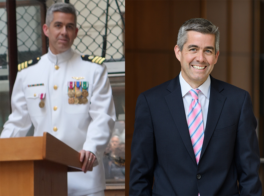 Two portraits of Mark Nevitt: In military uniform and today