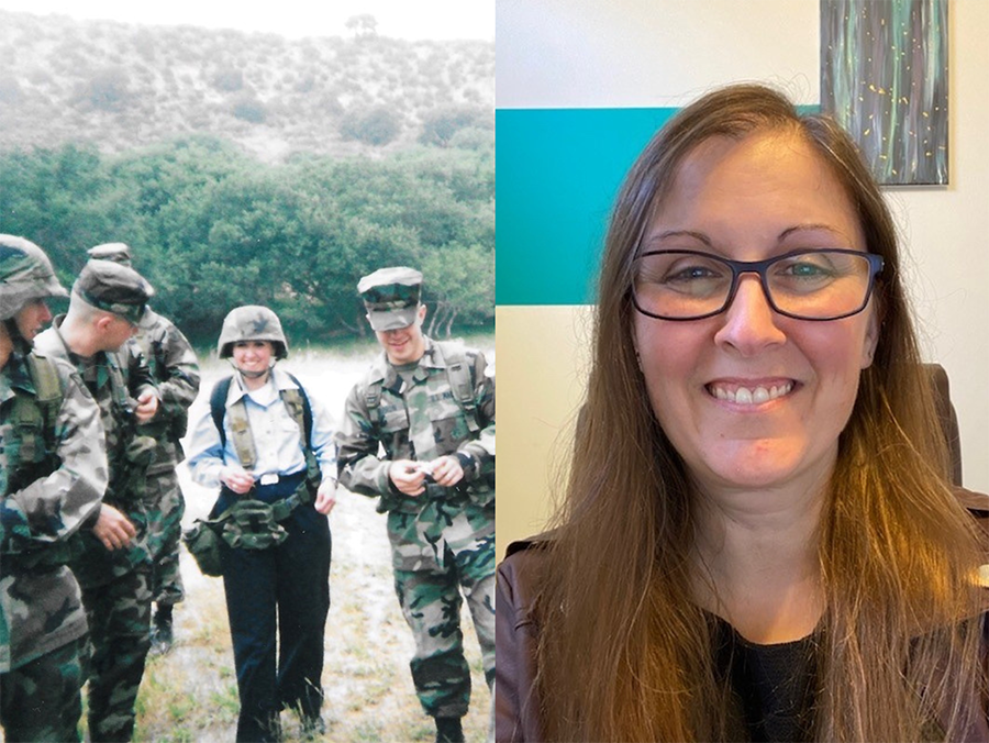 Two portraits of Nichole Trahan; one in the Navy and one now