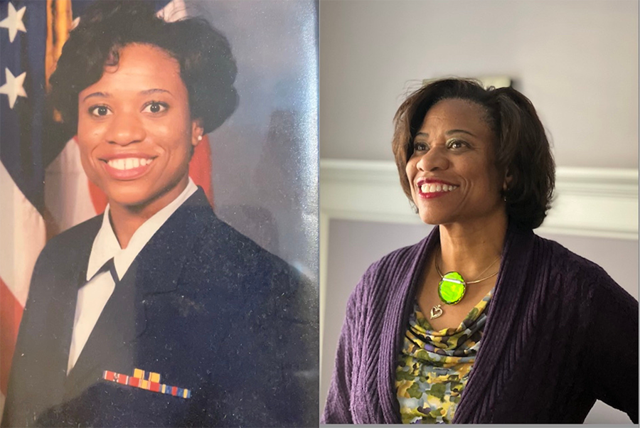 Two portraits of Trisha Nelson; one in military uniform and one now