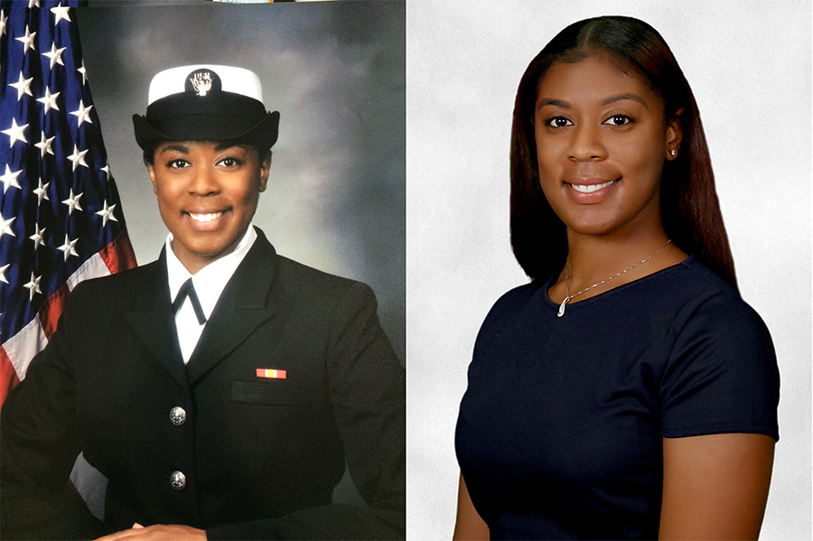 Two portraits of De'Miah Greene: In military uniform and today