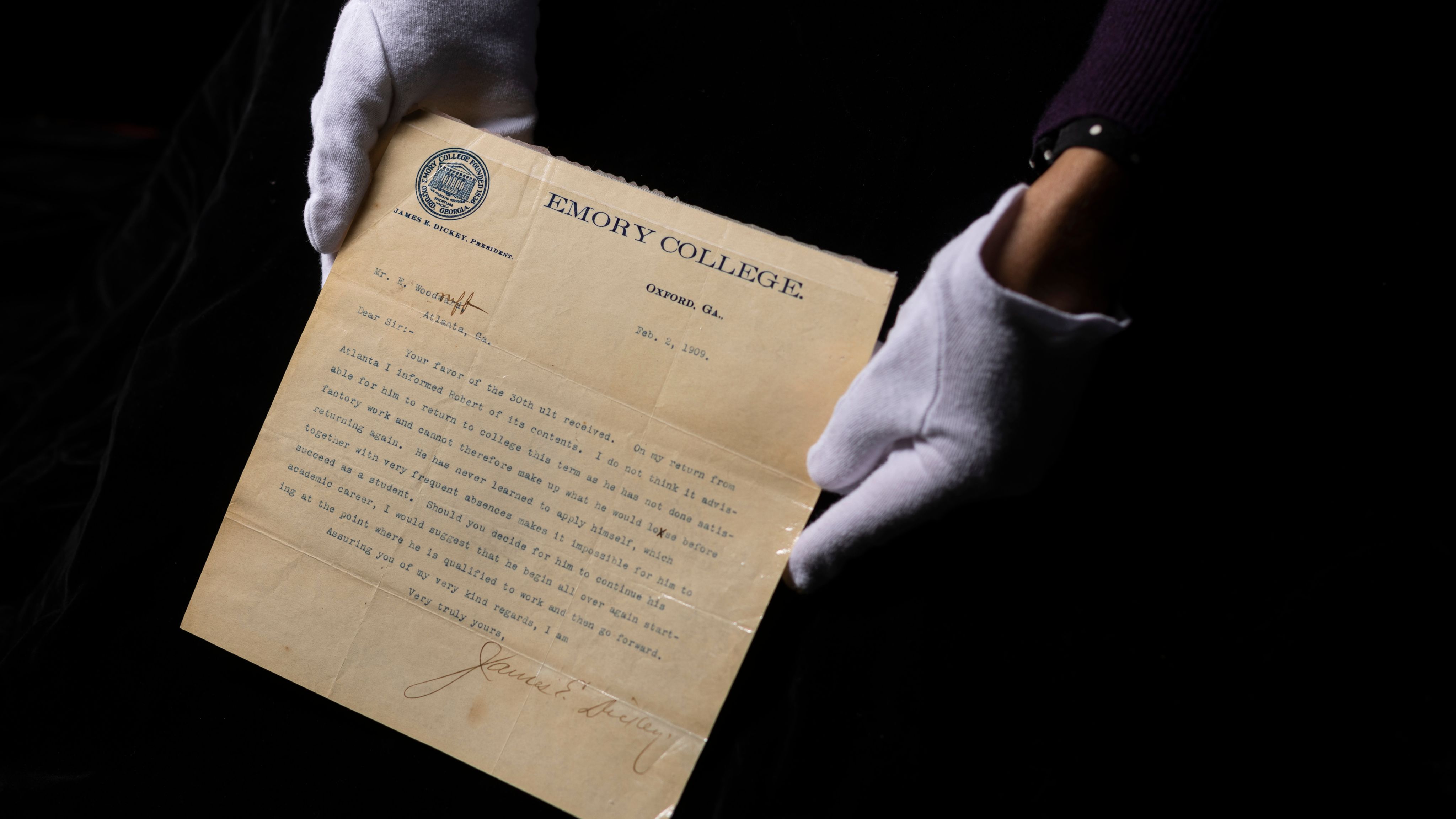 Photo of Archived dismissal letter of Robert W. Woodruff from Emory University