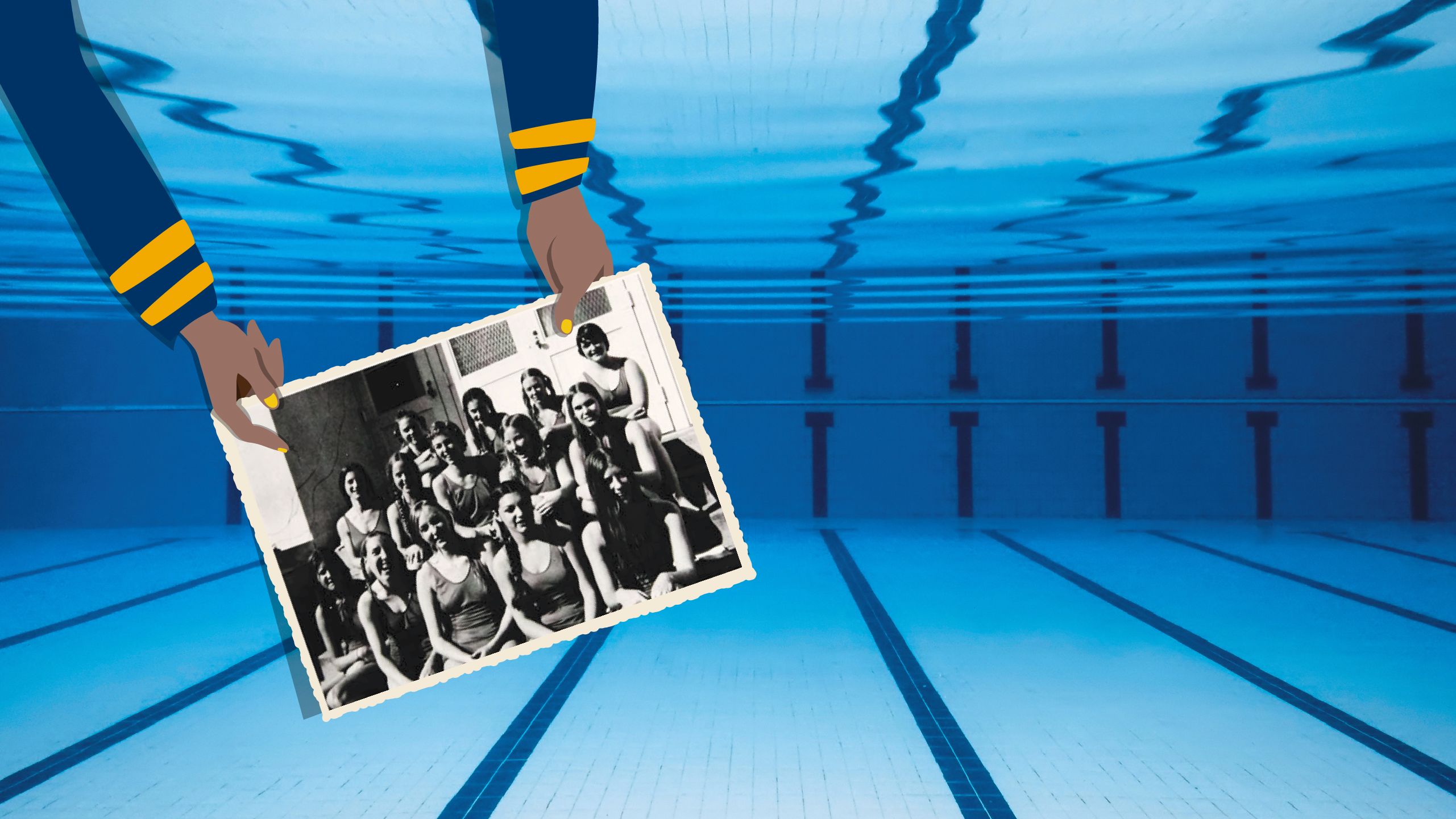 Women from Emory University's 1973 Swimming and Diving team pose poolside.