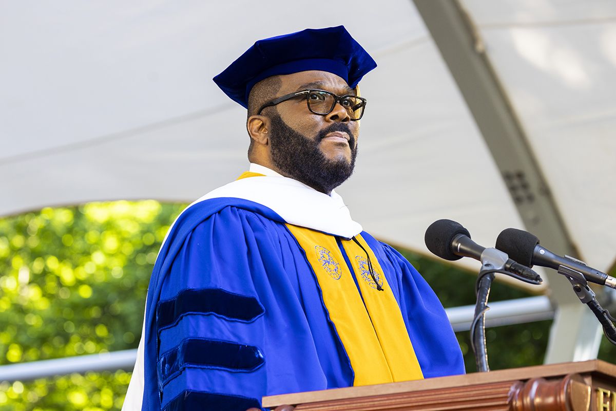 Tyler Perry in a cap and gown at Commencement