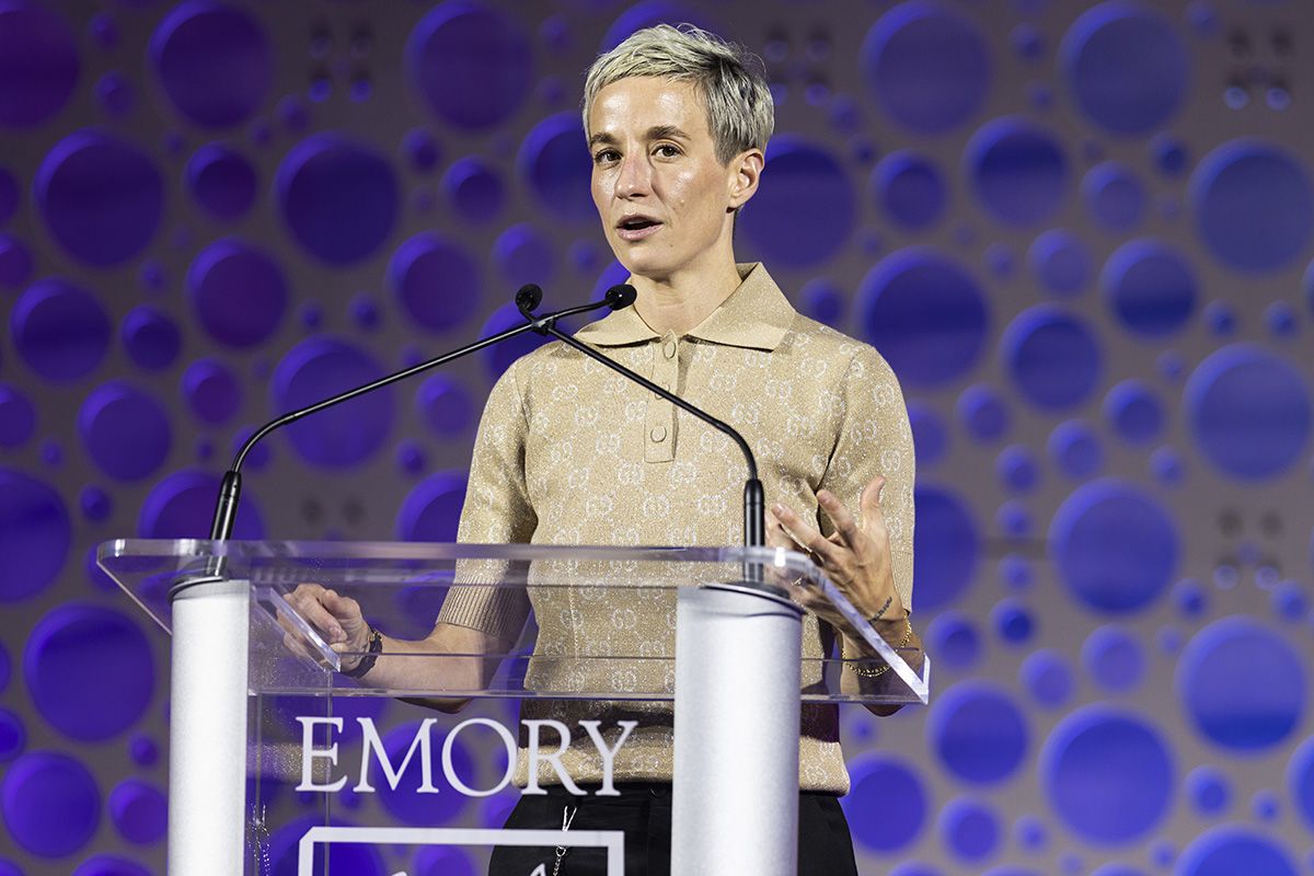 Megan Rapinoe speaks at an Emory podium