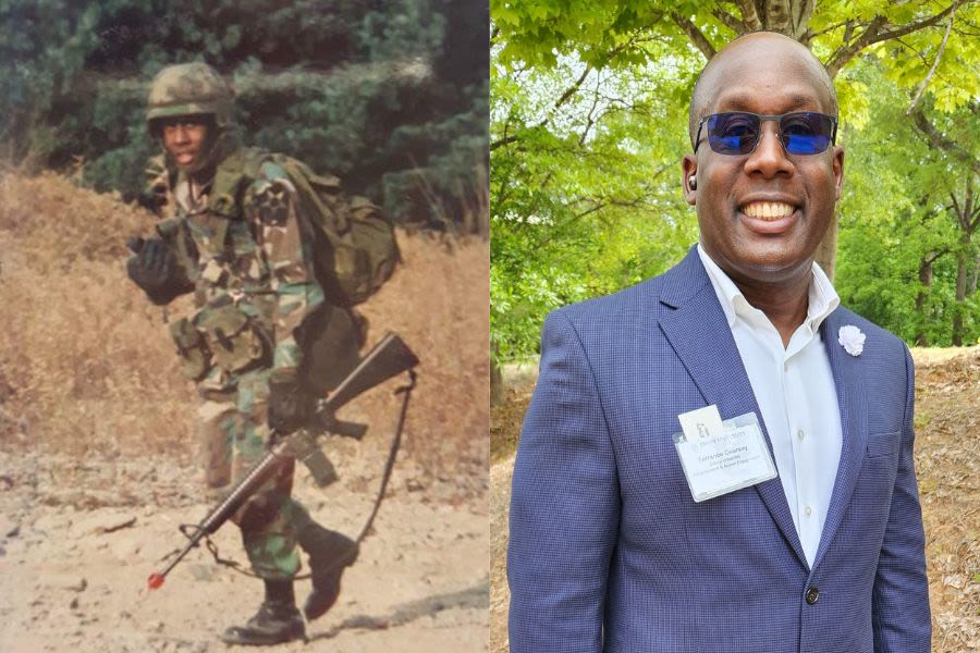 Two portraits of Terrance Coursey; one in the military and one now