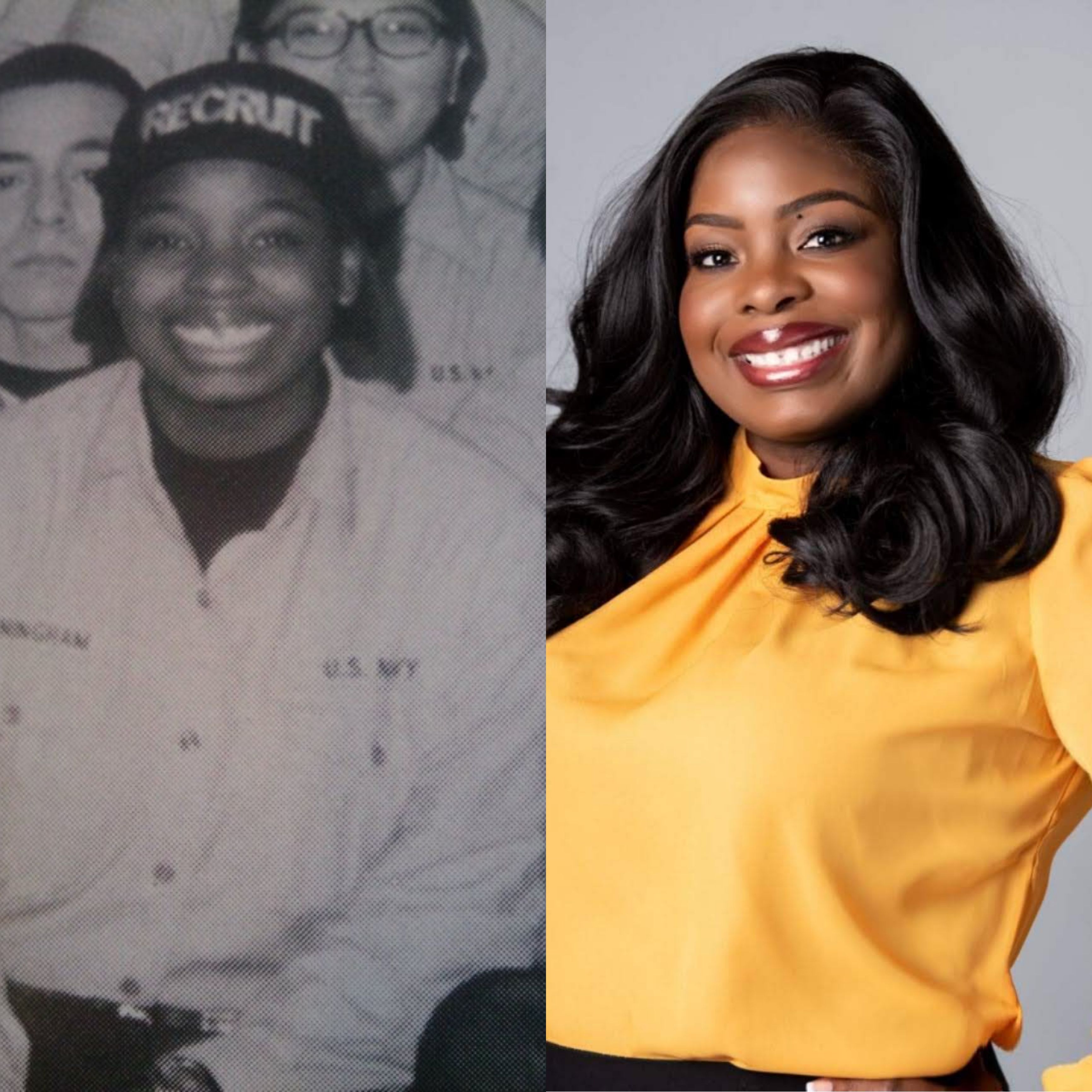 Two images of Clarissa Blackmon, one during her time in the Navy and one now