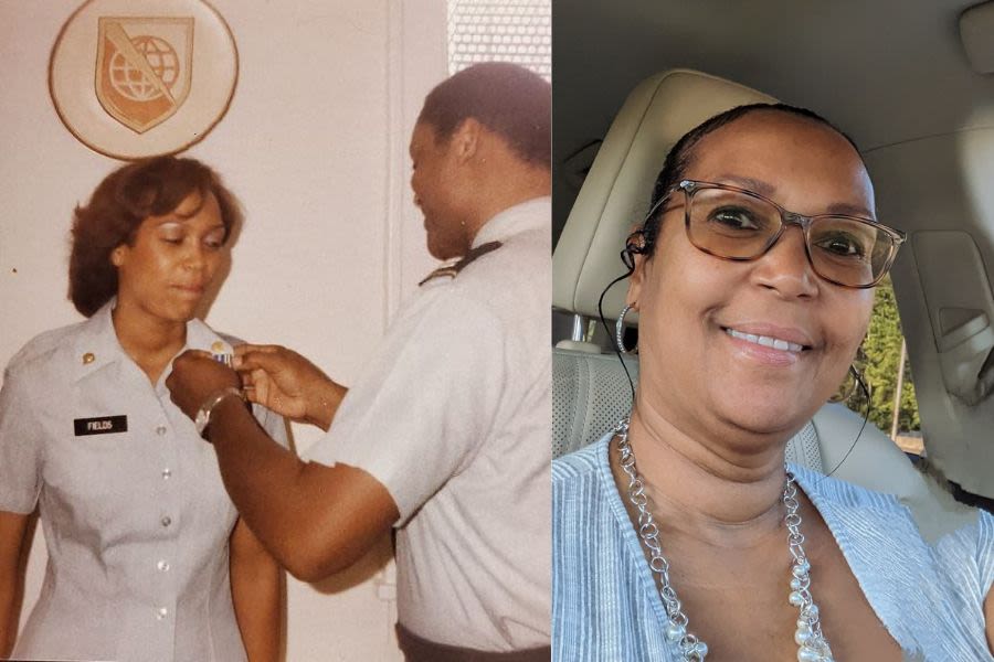 Two photos of Lisa Fields; one in military uniform and a selfie of her now