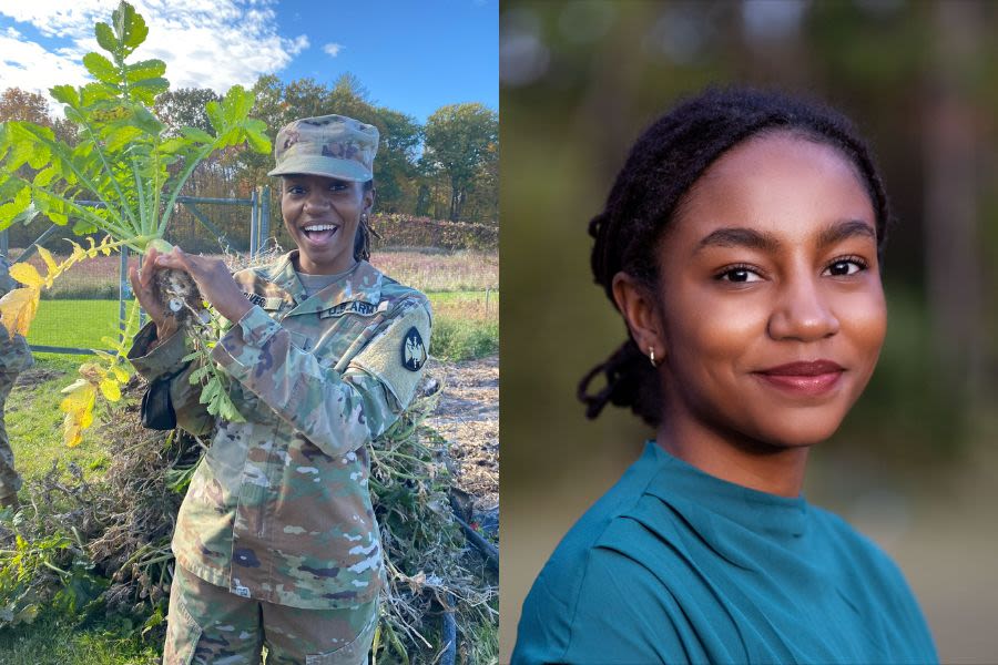 Two photos of Jaela Rivera; one in military uniform and one now.