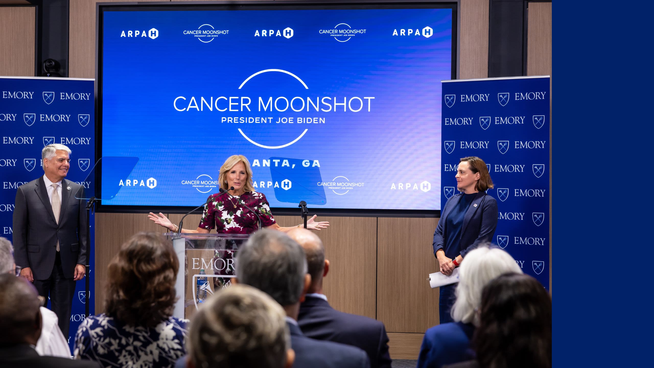 First lady Jill Biden visited Emory on Sept. 15 to learn about Philip Santangelo’s ground- breaking research aiming to tune the immune system to fight cancer and other diseases.