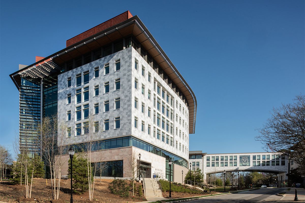 An exterior photo of Emory's Health Sciences Research Building II