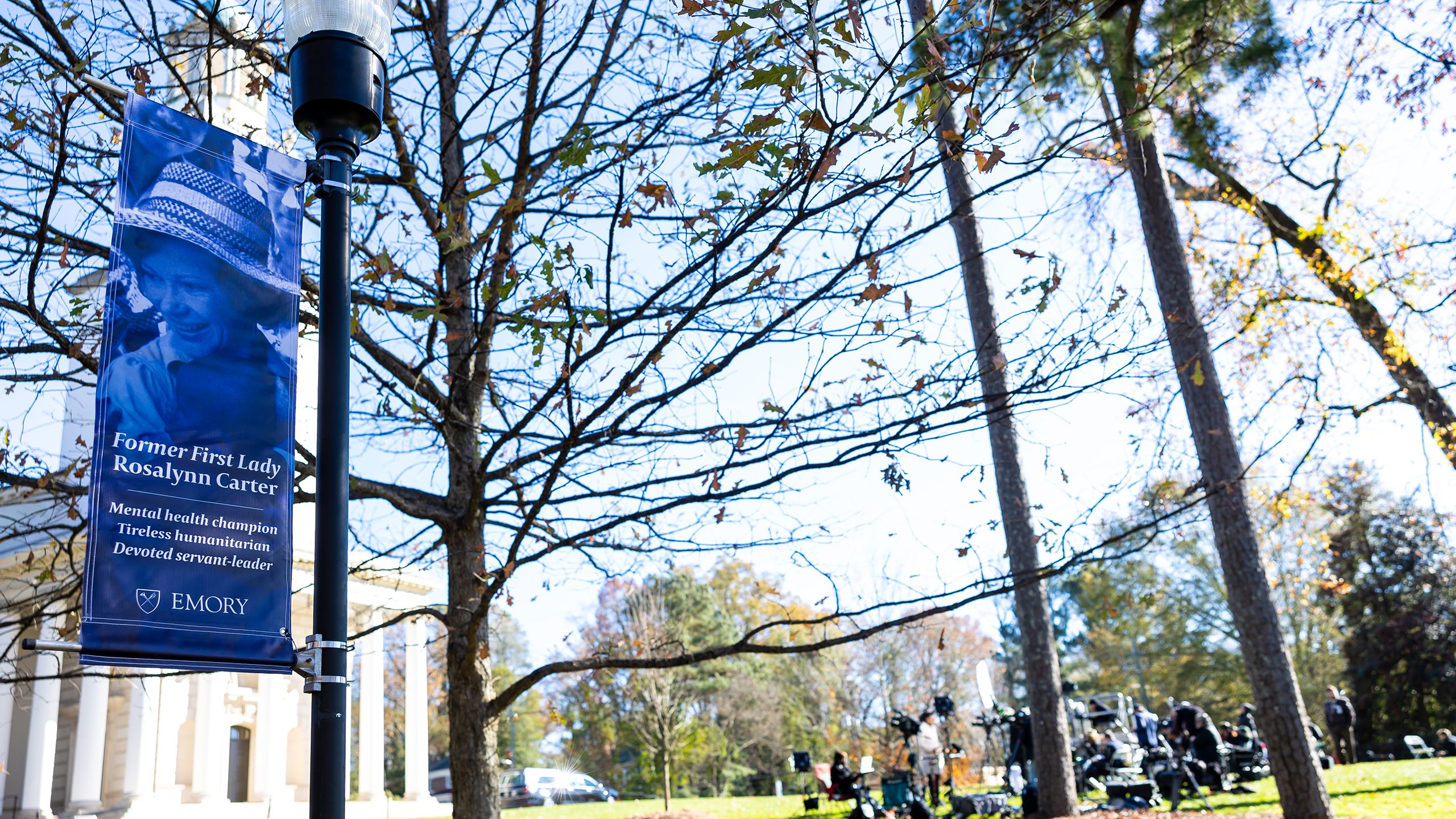 Emory's Glenn Memorial UMC with a banner honoring first lady Rosalynn Carter