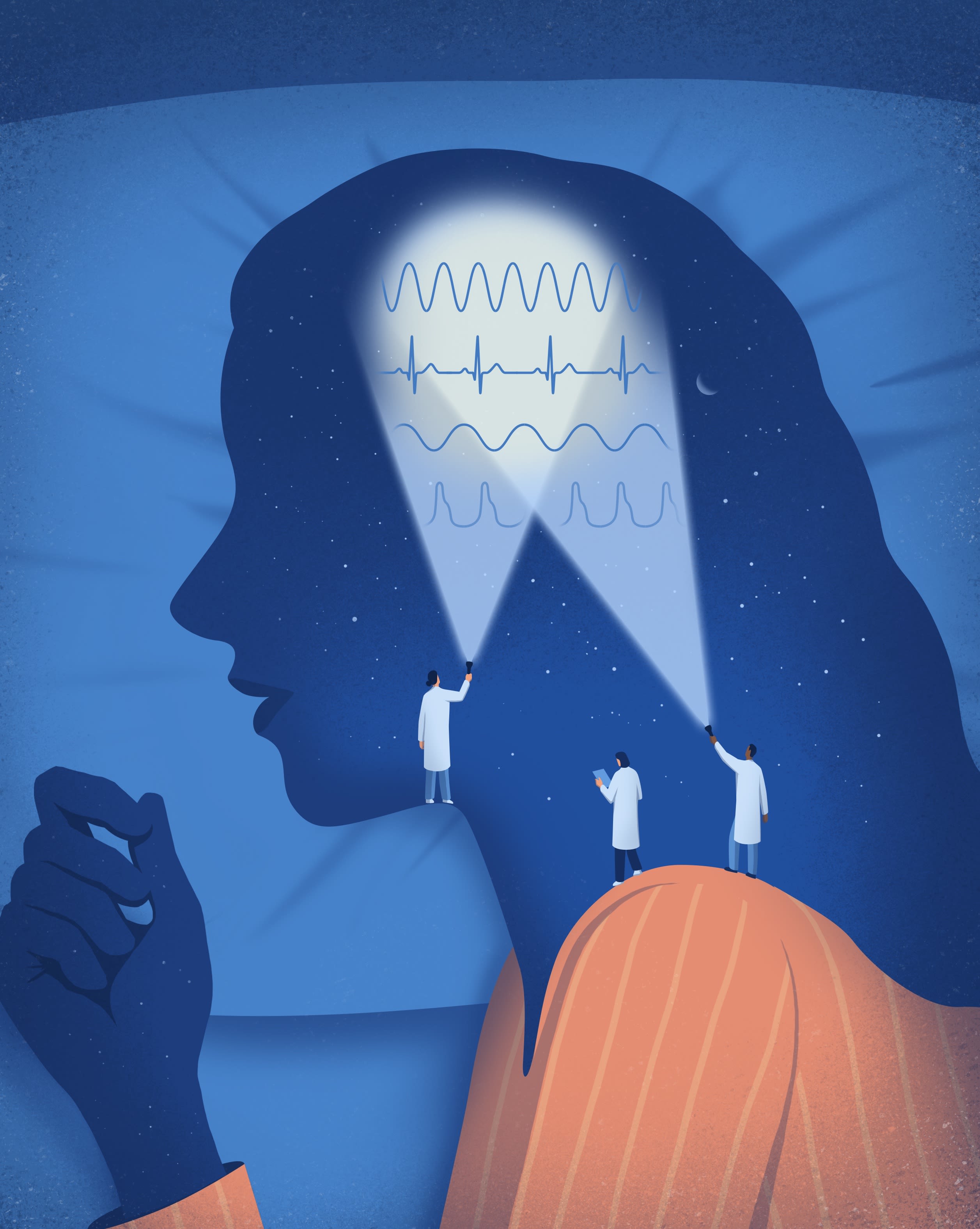 Illustration of a woman sleeping and scientists shining flashlights on her brain.