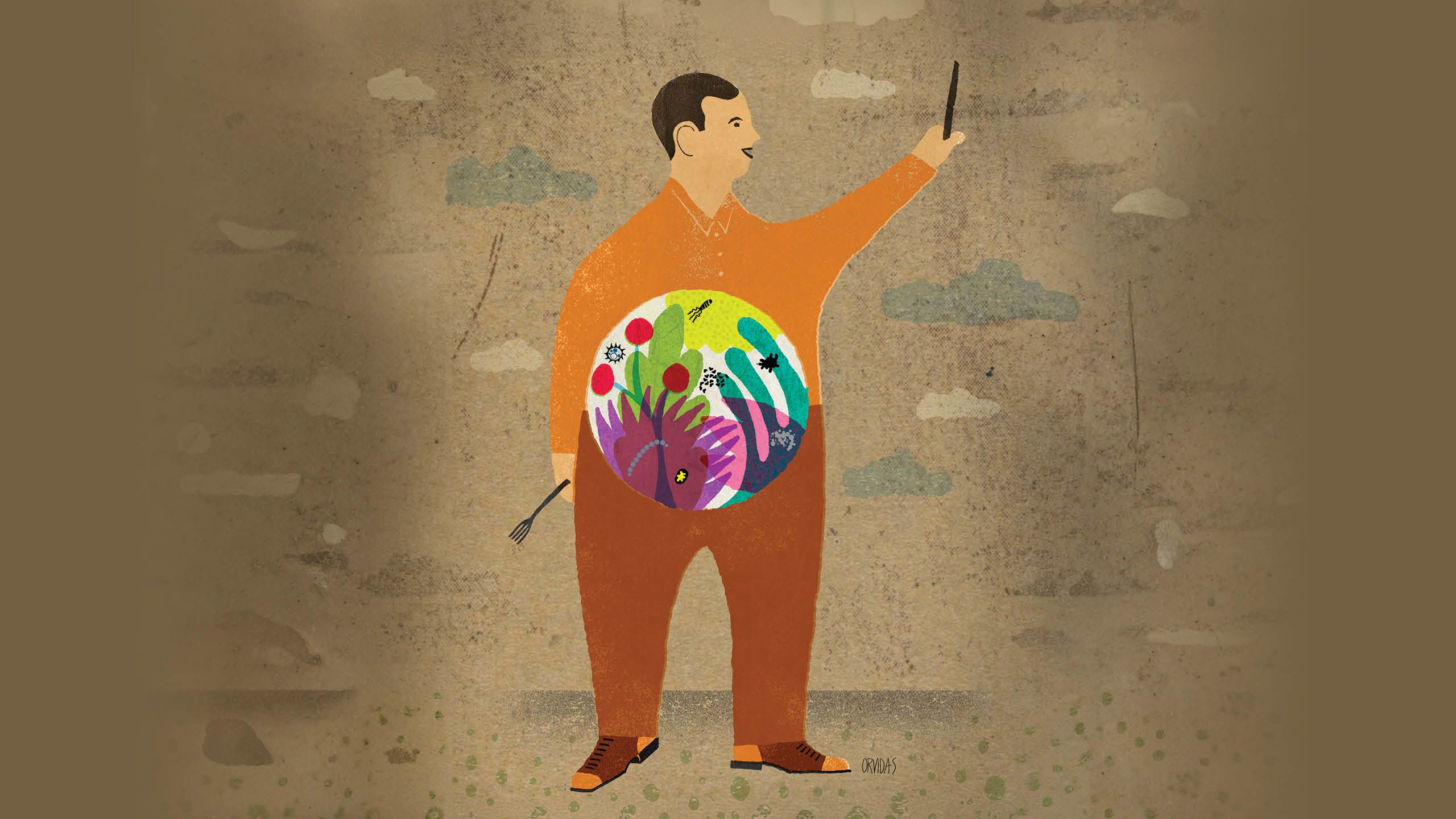 Illustration of a man with a "close up bubble" of his stomach containing microbiome flora and fauna