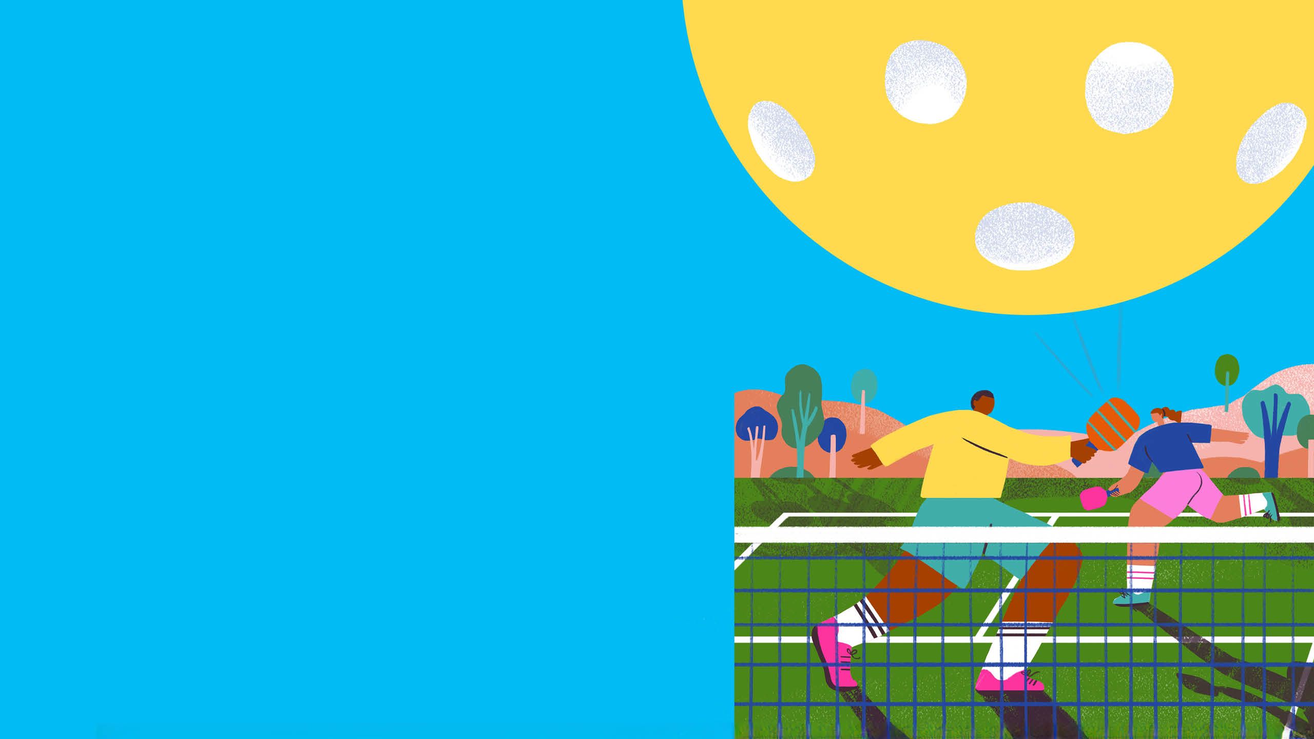 Illustration of two people playing pickleball with the ball coming at the viewer