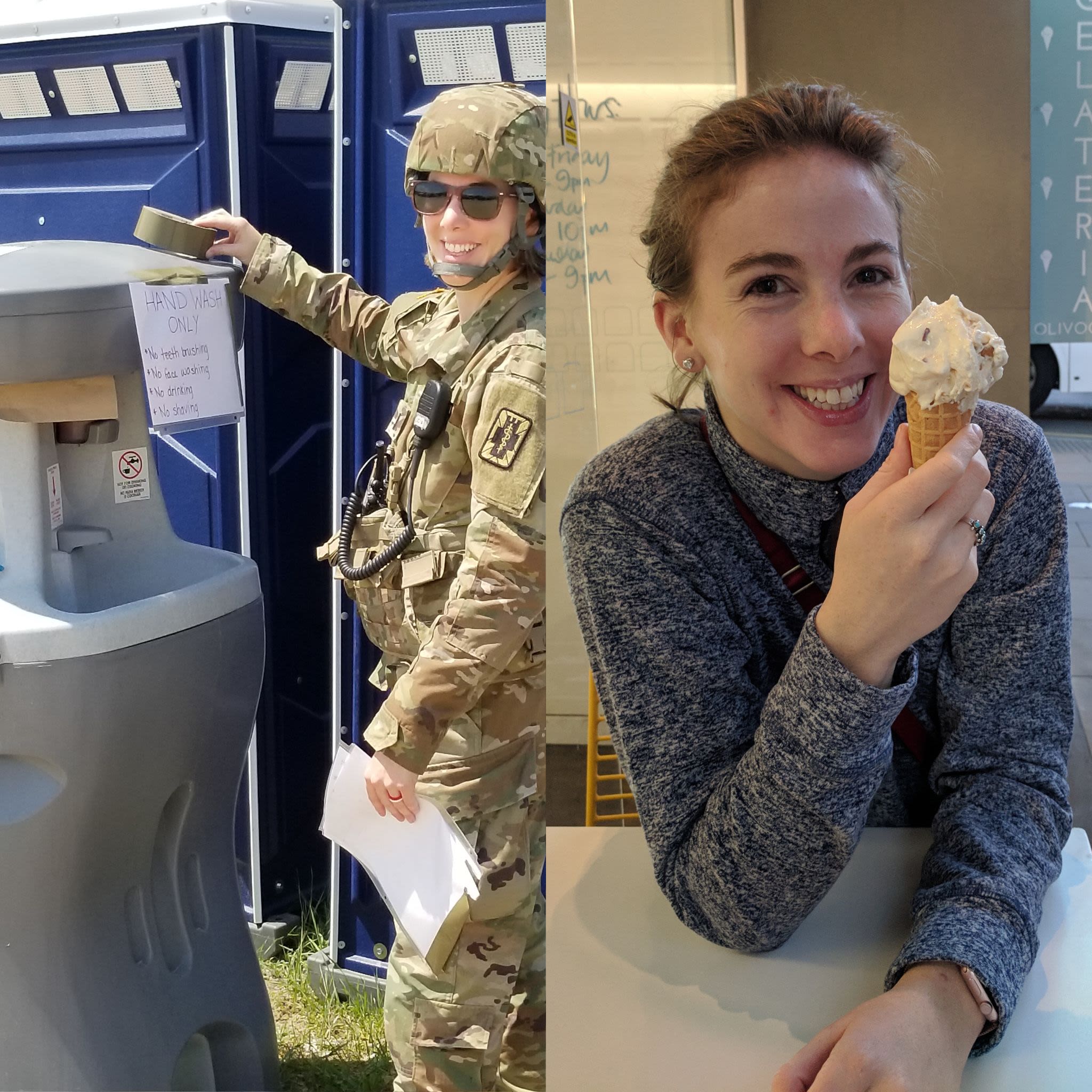 Two portraits of Susan Hoffman; one in the military and one now