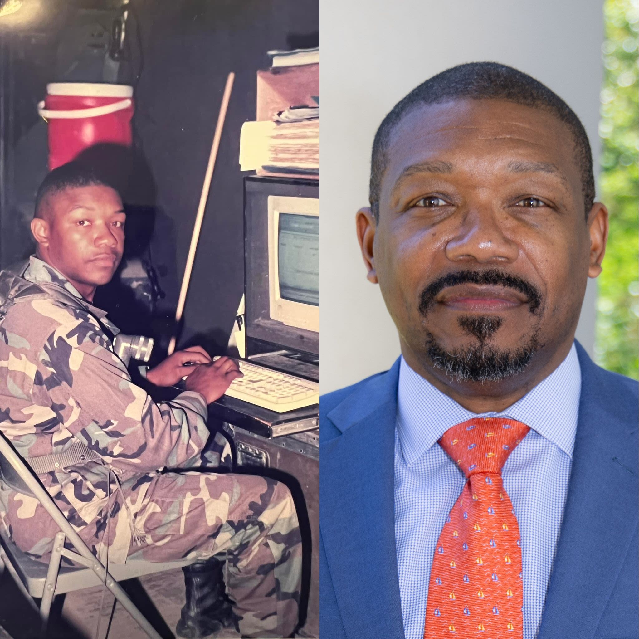 Two photos of Marvell Nesmith; one in military uniform and one now