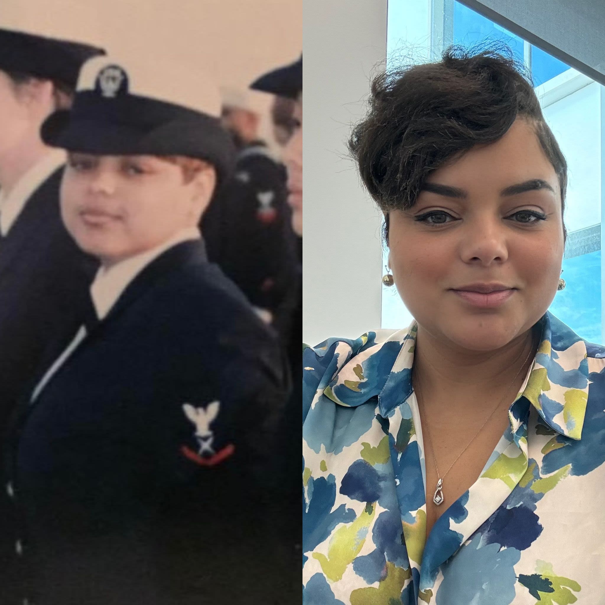 Two images of Shondra Bell, one during her time in the service and one now