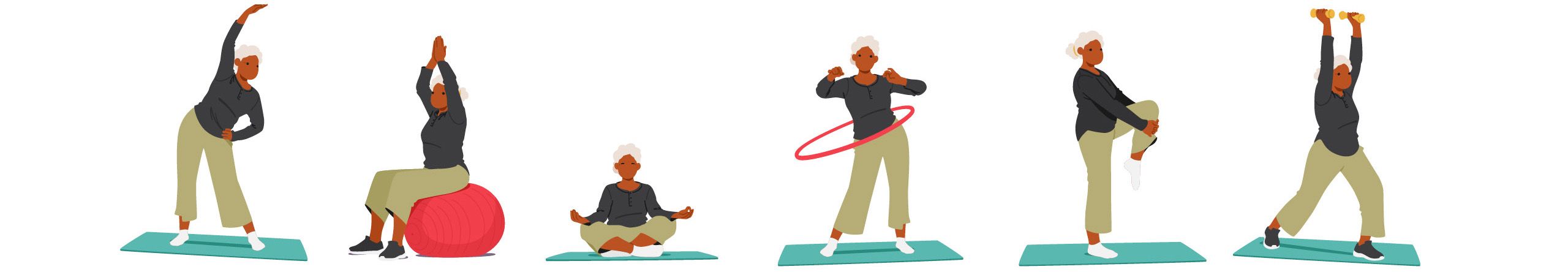 Illustration of a series of drawings of a grey-haired woman doing various exercises, from stretching to bouncing on an exercise ball, to sitting cross-legged on a mat, to hula-hooping, to doing a knee bend and then lifting small weights above their head. 