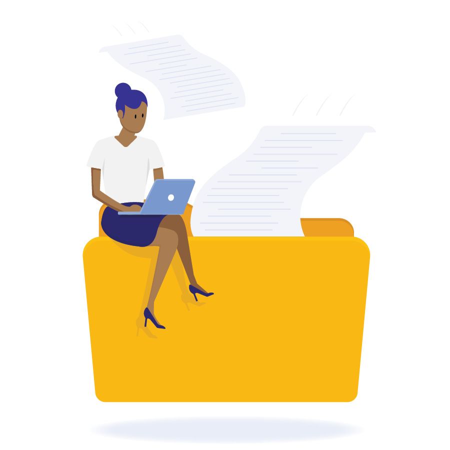 Illustration of a woman sitting on an oversized filing folder typing on a laptop. 