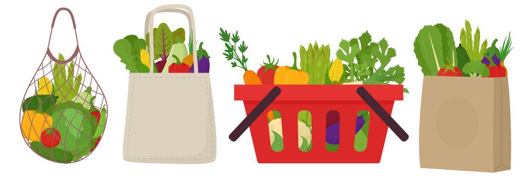 Illustrations of a series of fruits and vegetables, in a net shopping bag, a cloth shopping bag, a shopping basket, and a brown paper shopping bag. 