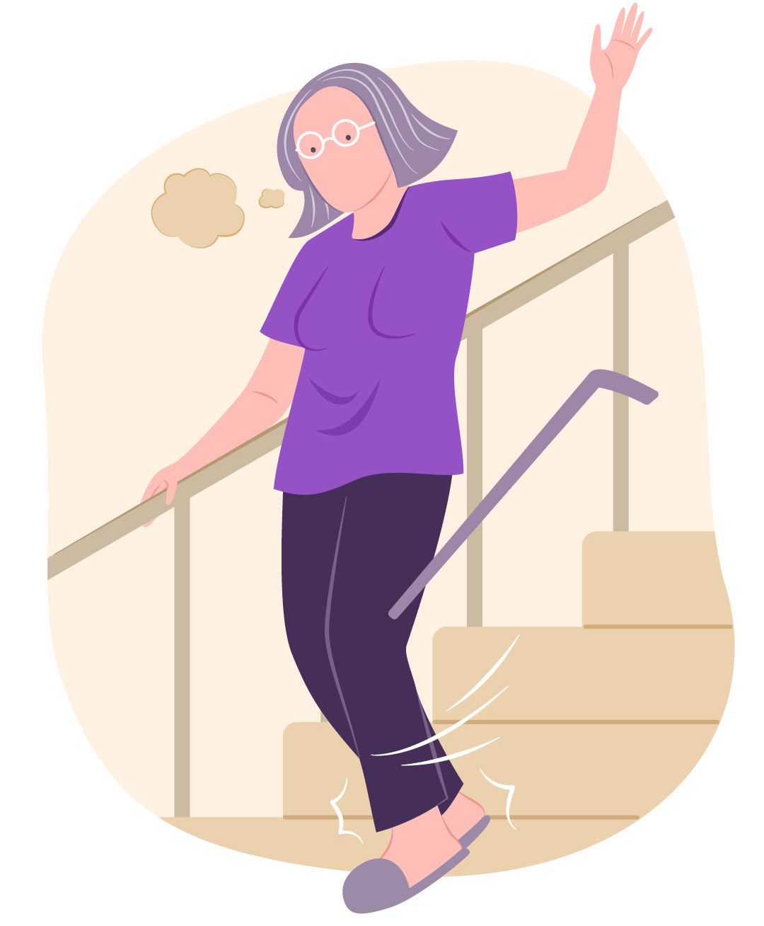 Illustration of a woman slipping on a middle stair of a flight of stairs. 