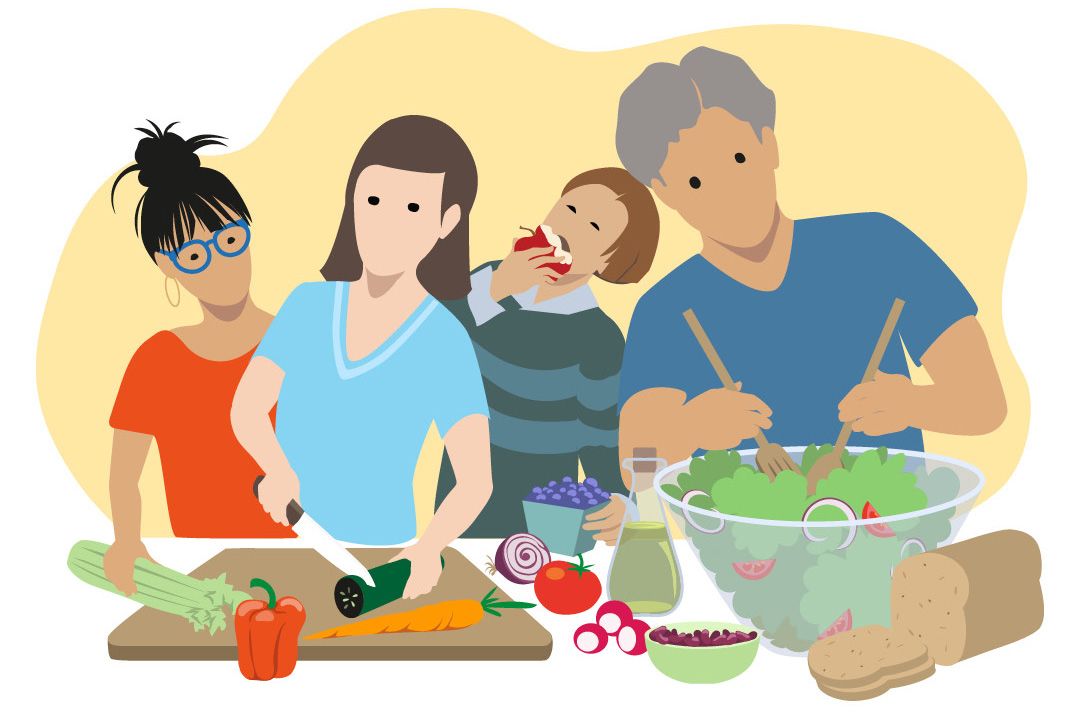 A stock illustration of a group of adults making a salad together in a kitchen with a cutting board and large bowl.