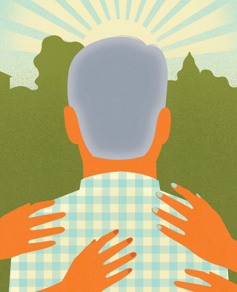 Illustration of elderly man with comforting hands on his back