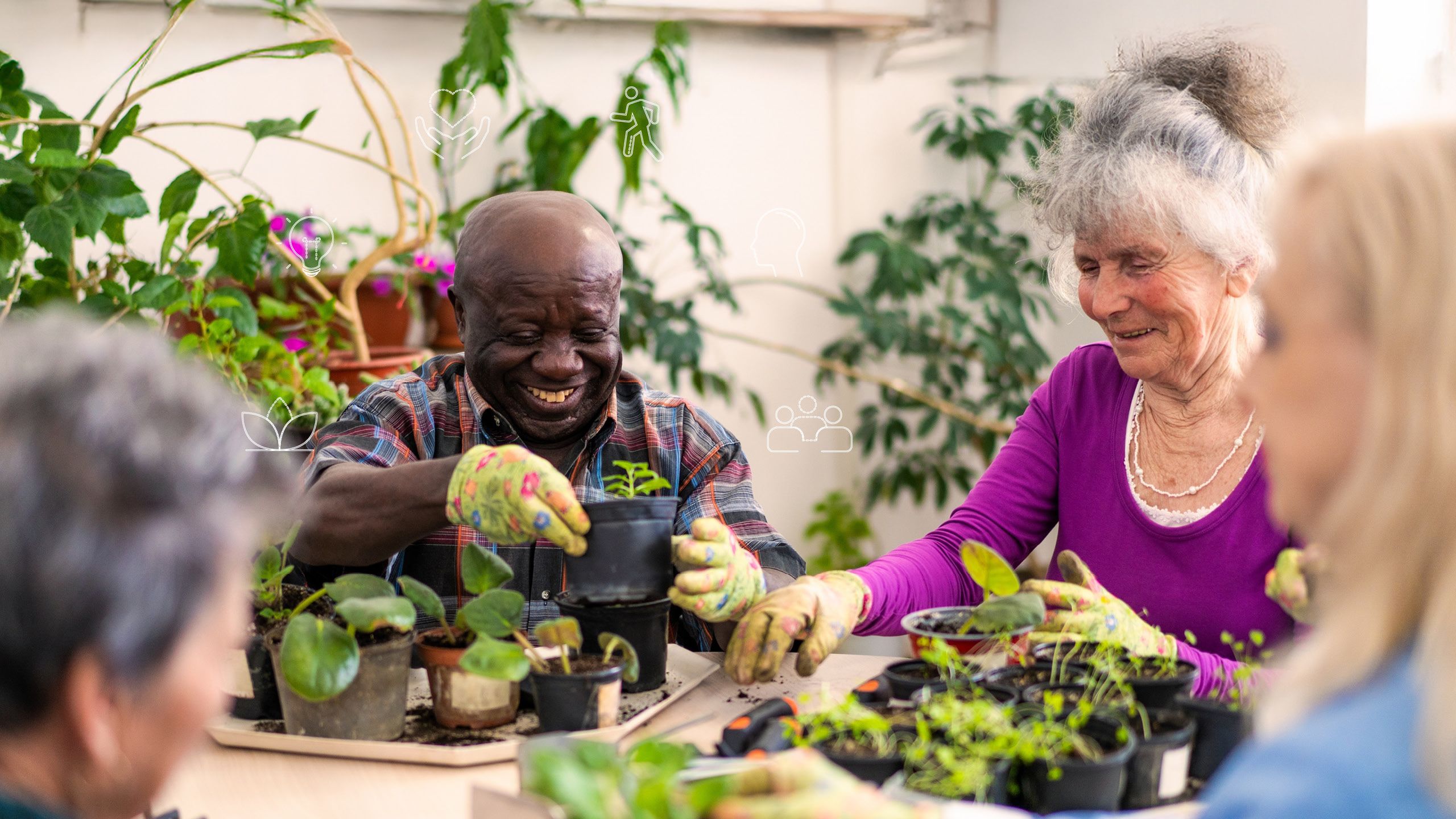 Group of elderly people in a greenhouse potting plants.