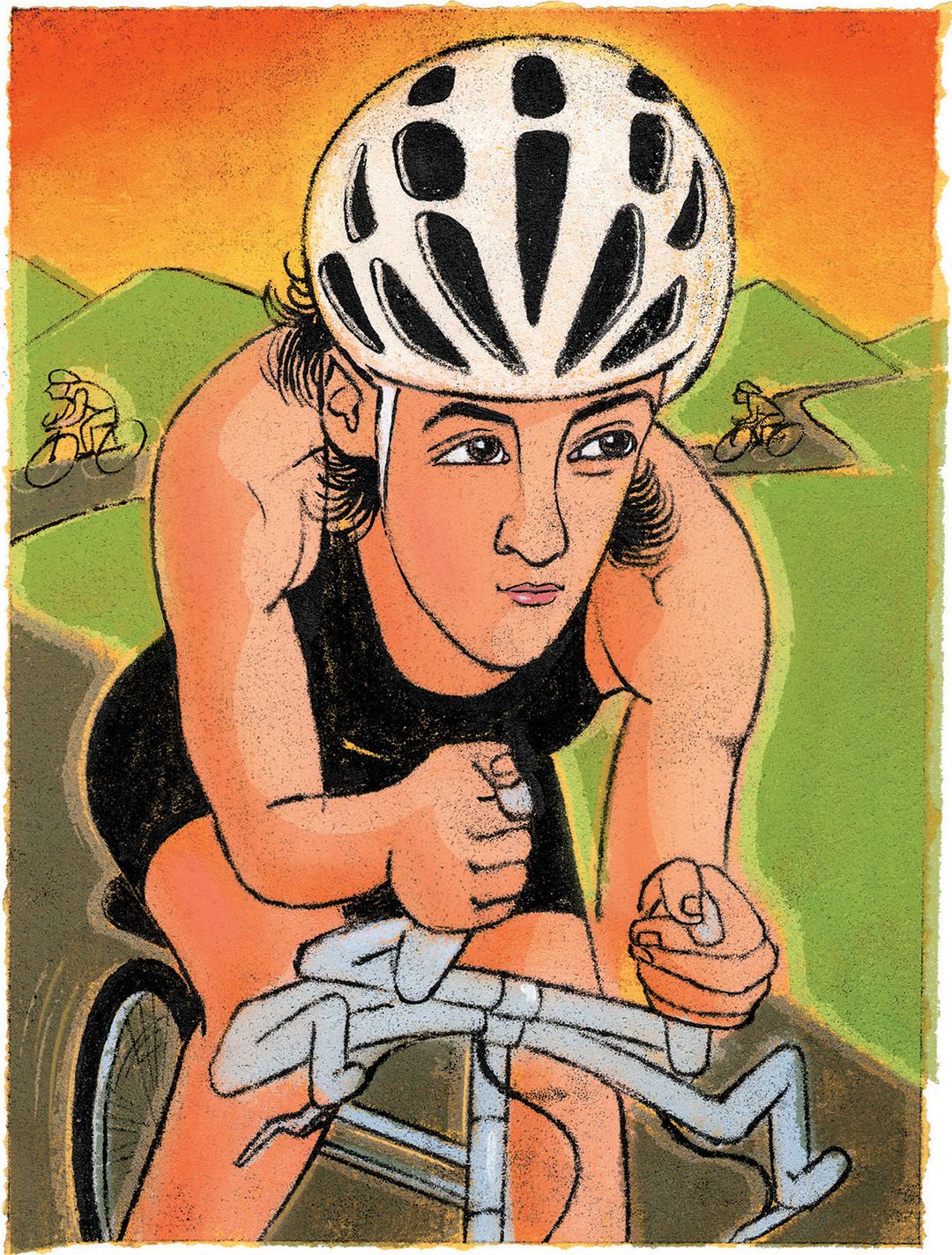 Illustration of a white woman with short dark hair riding a bike wearing a white helmet