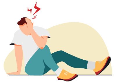 An illustration of a man sitting on the floor with one hand pressed to the side of his head and red lightning bolts coming out of his head to signify pain