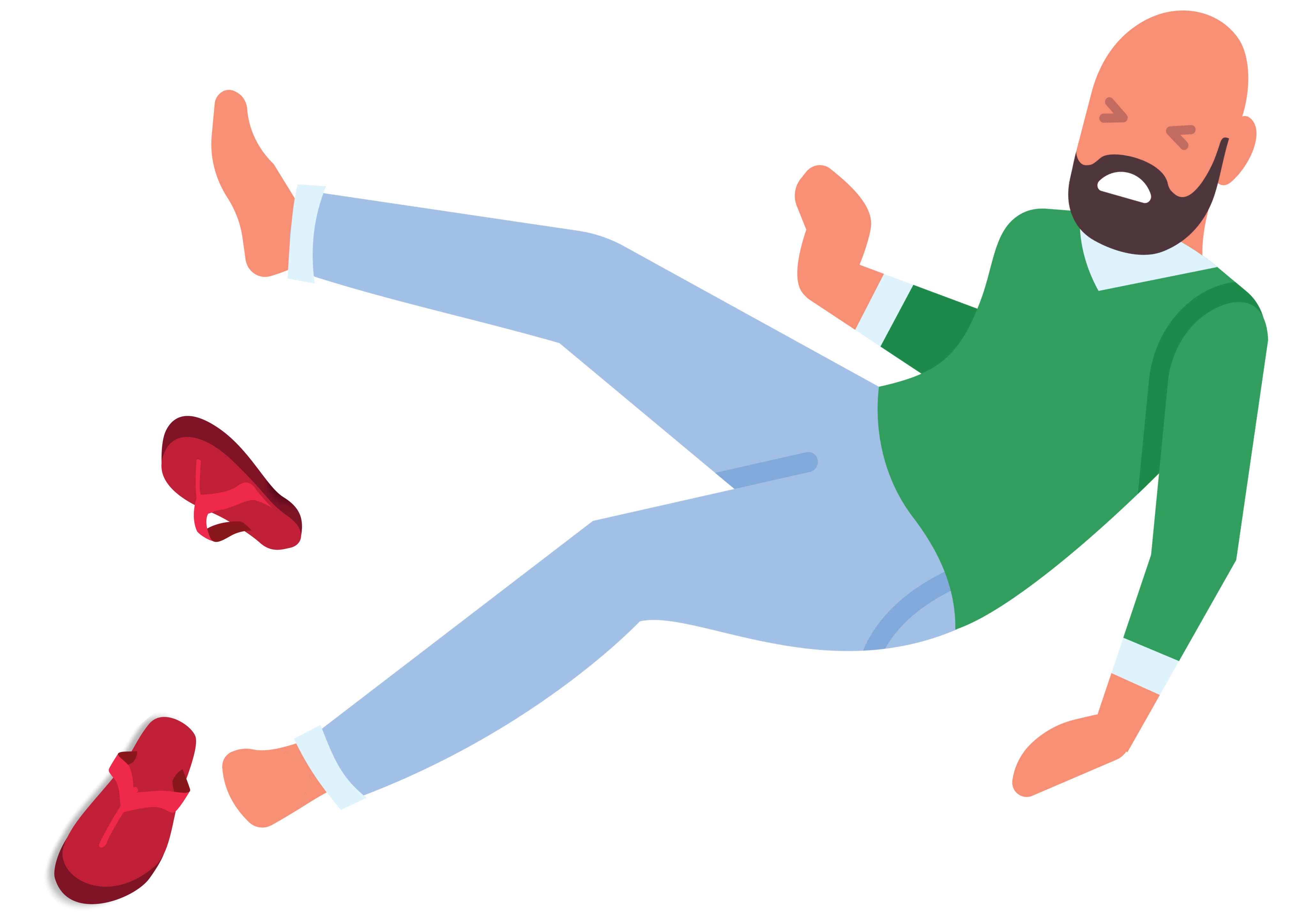 Illustration of a bald, bearded man falling down and his shoes have fallen off