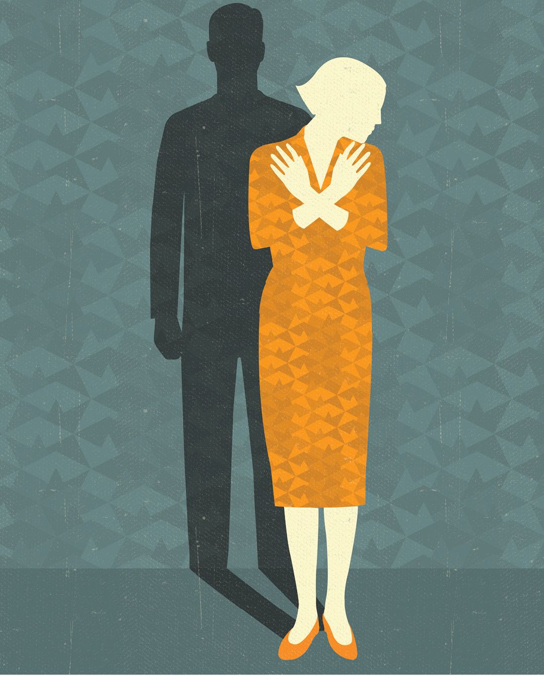 Illustration of a woman in the foreground. She is in an orange dress and has her arms crossed over her chest with her hands up by her shoulders. A male shadow looms behind her. 