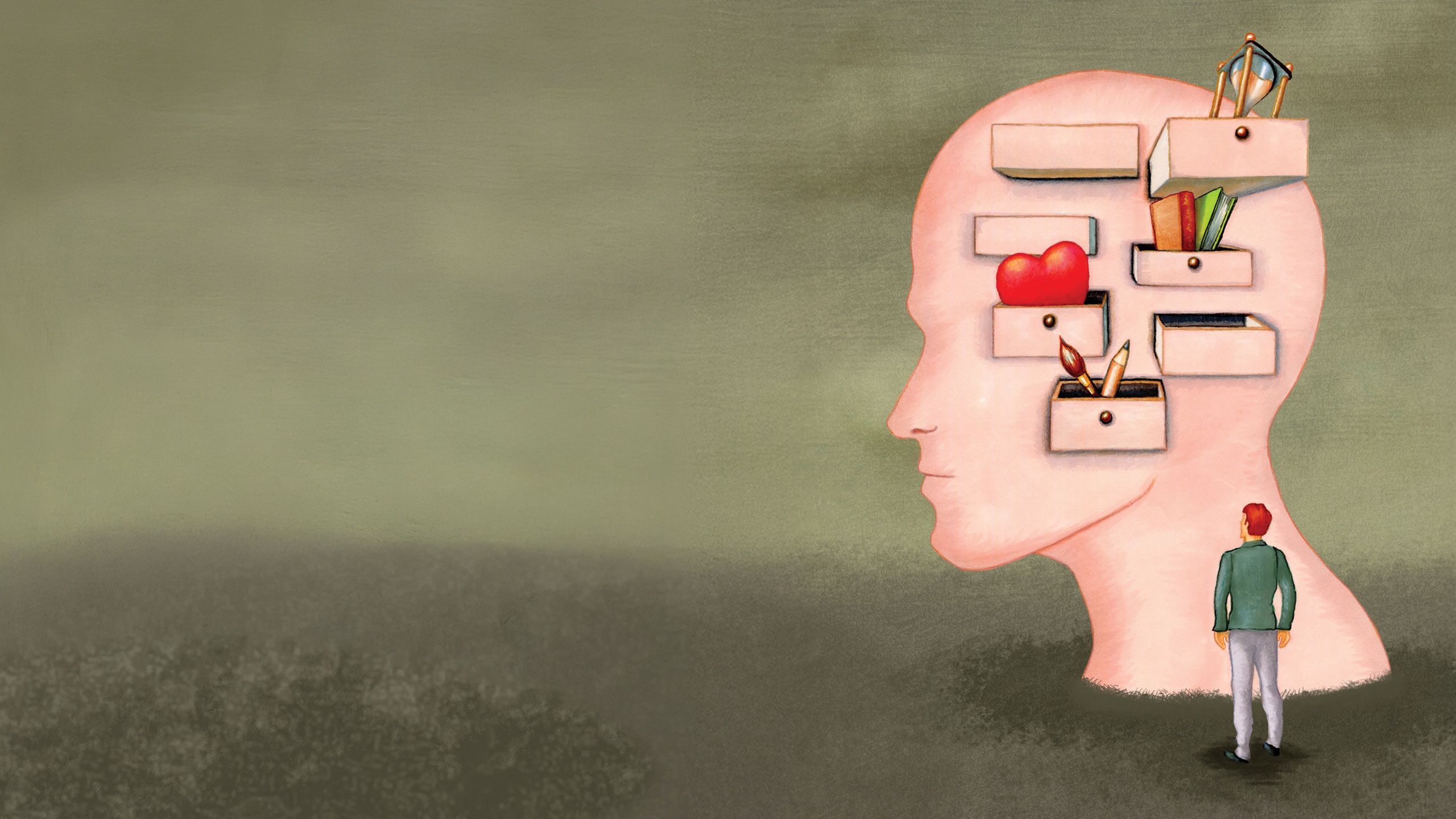 Illustration of head with drawers containing papers, pencils, timer, and hearts