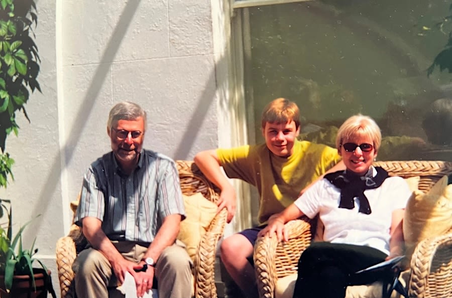 Alexander Gouzoules with his parents at Charles Darwin's house