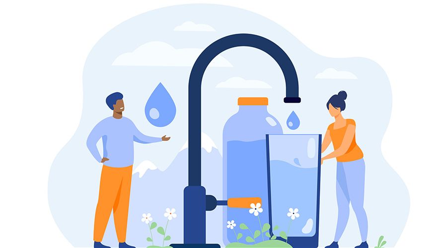 illustration of man and woman at tap filling a glass and water bottle
