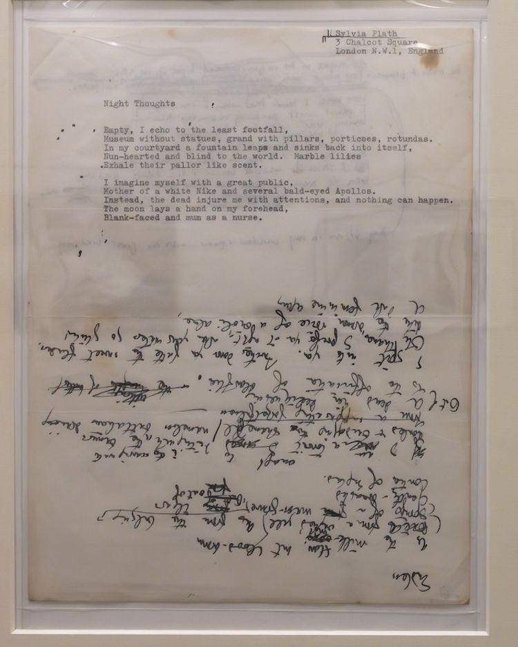 A slightly yellowed sheet of paper with a poem entitled "Night Thoughts" typed on it. Below, upside-down, there is a handwritten poem entitled "Endless."