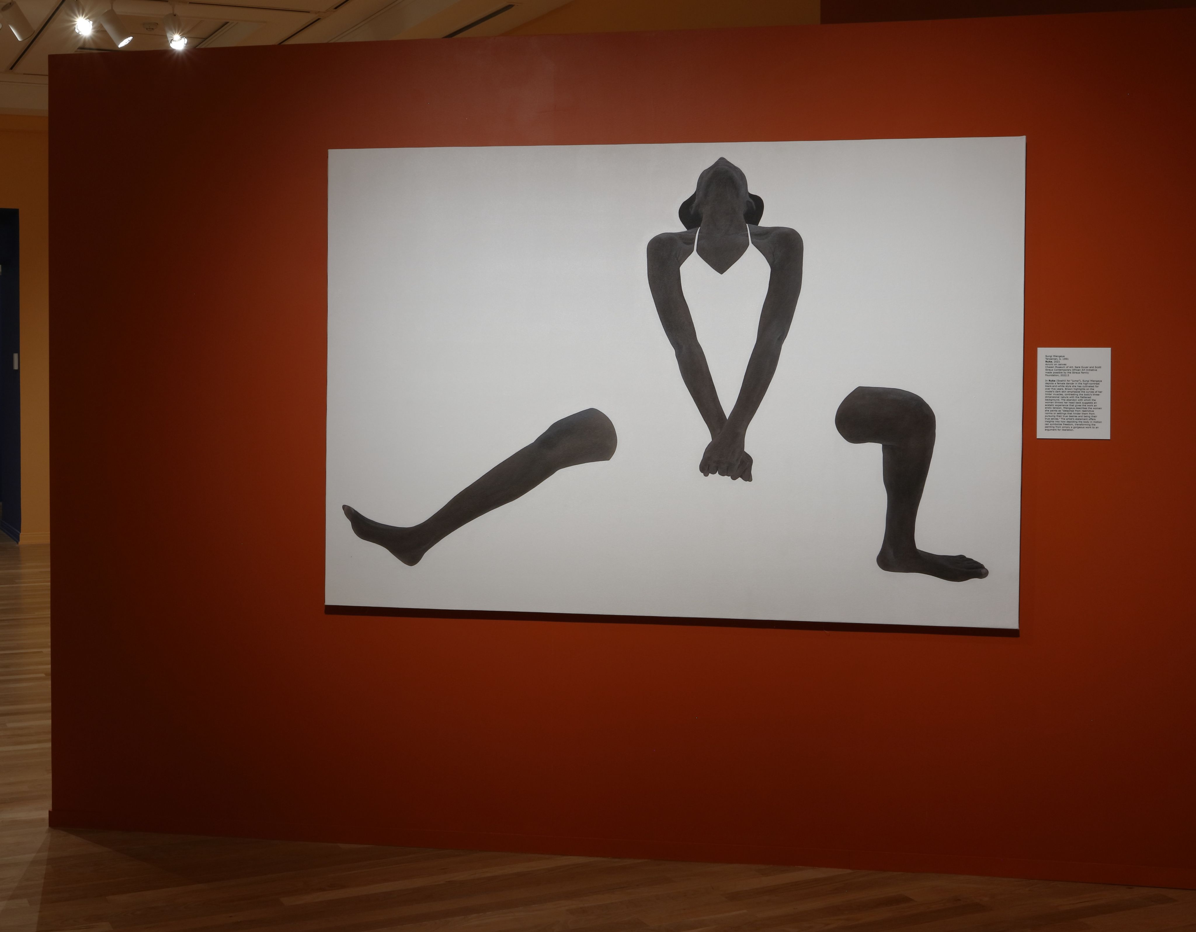 In this painting on a white background, we see a Black woman' wearing white. Only her head, neck, shoulders, arms and legs are visible as she leans back.