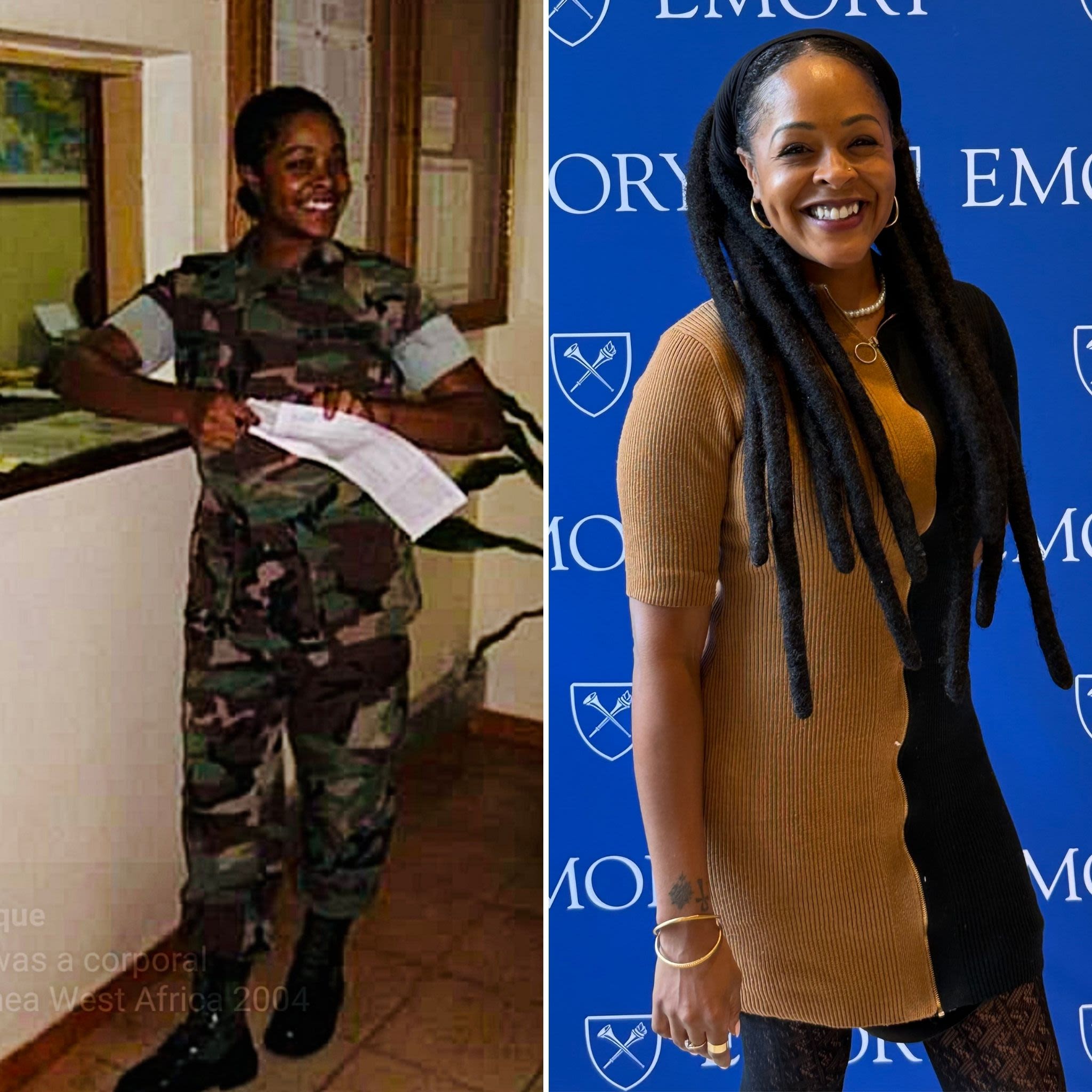 Two images of Jenell Ryan, one during her time in the service and one now