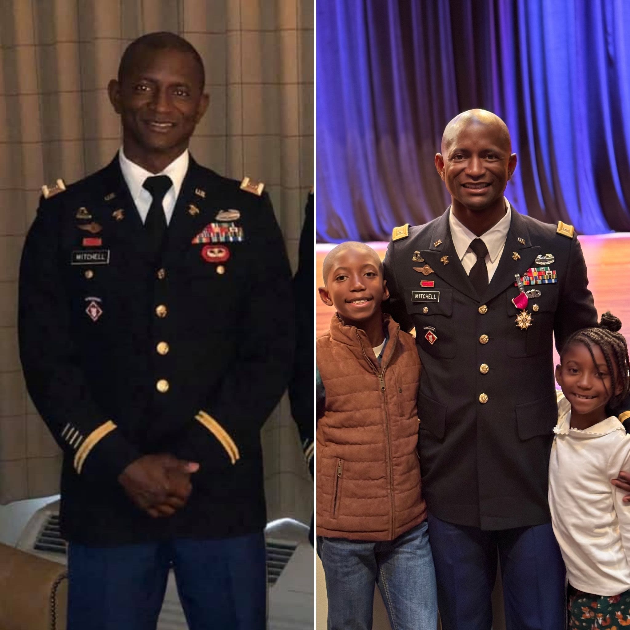 Two images of Julius Mitchell, one during his time in the service and one now