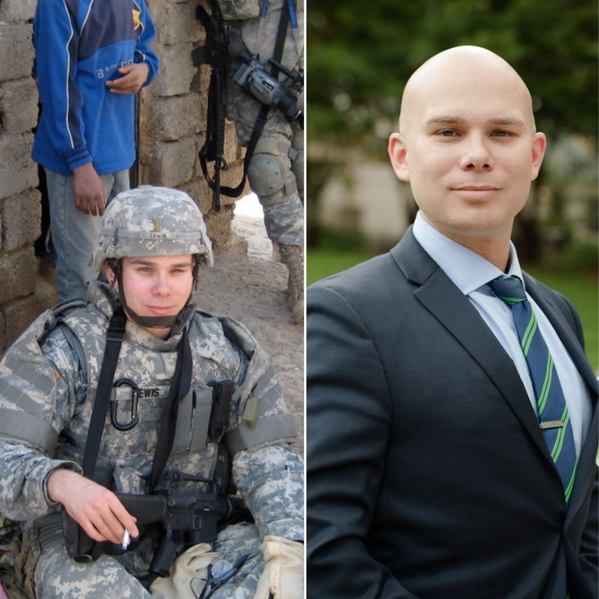 Two photos of Shaun Lewis; one in military uniform and one now