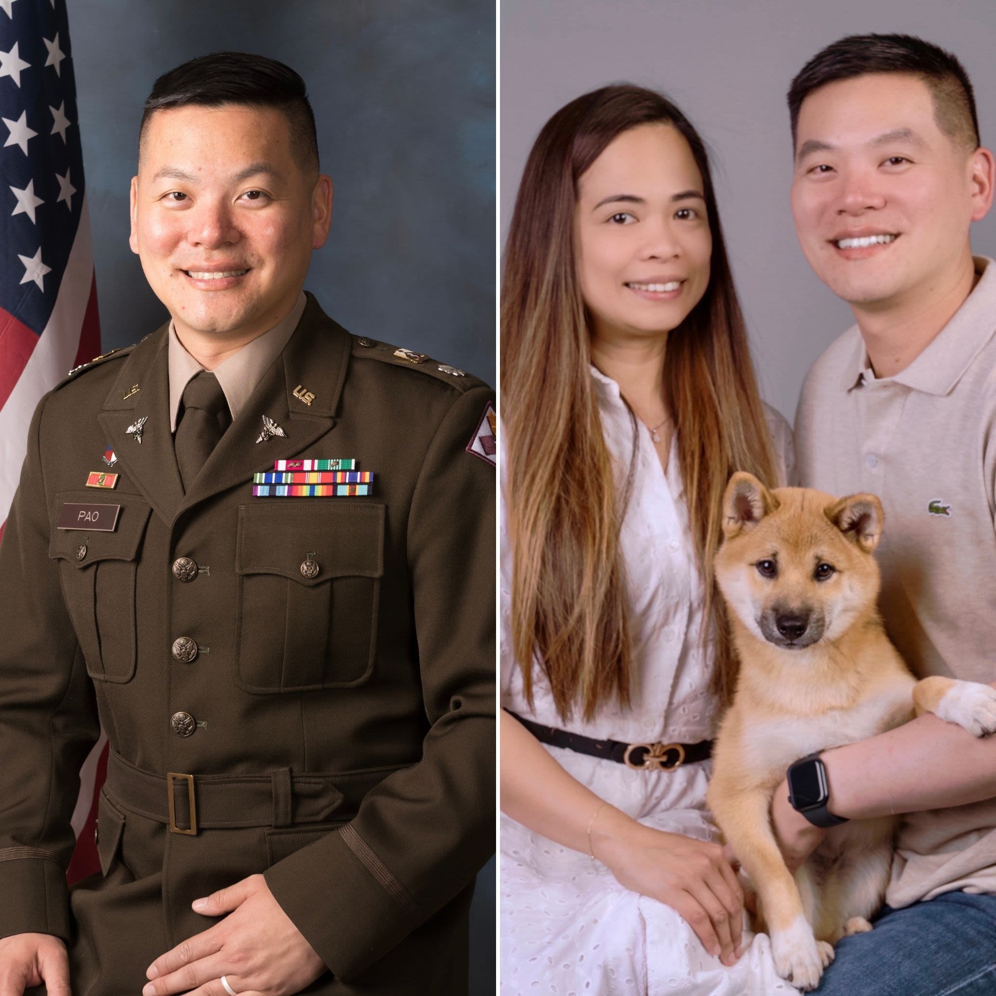 Two images of Justin Pao, one during her time in the service and one now