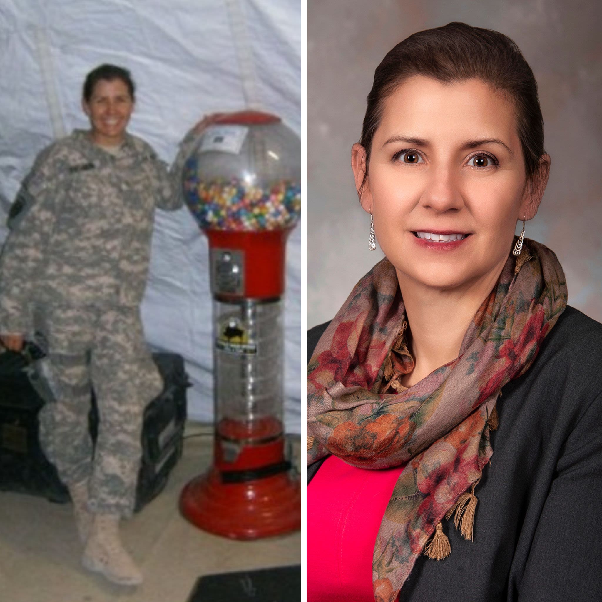 Two images of Ellen Schimmels, one during her time in the service and one now