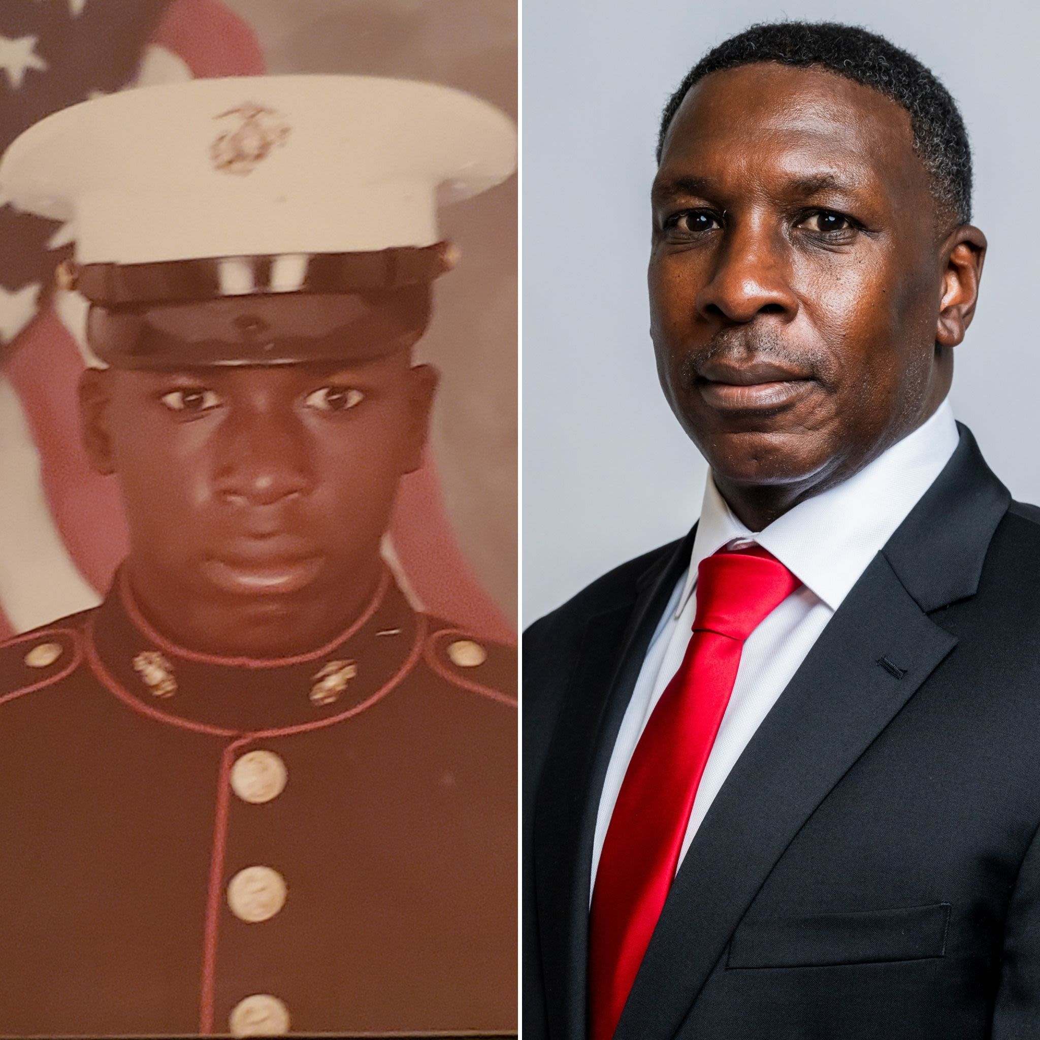 Two portraits of Thurman Johnson Jr.; one in the military and one now