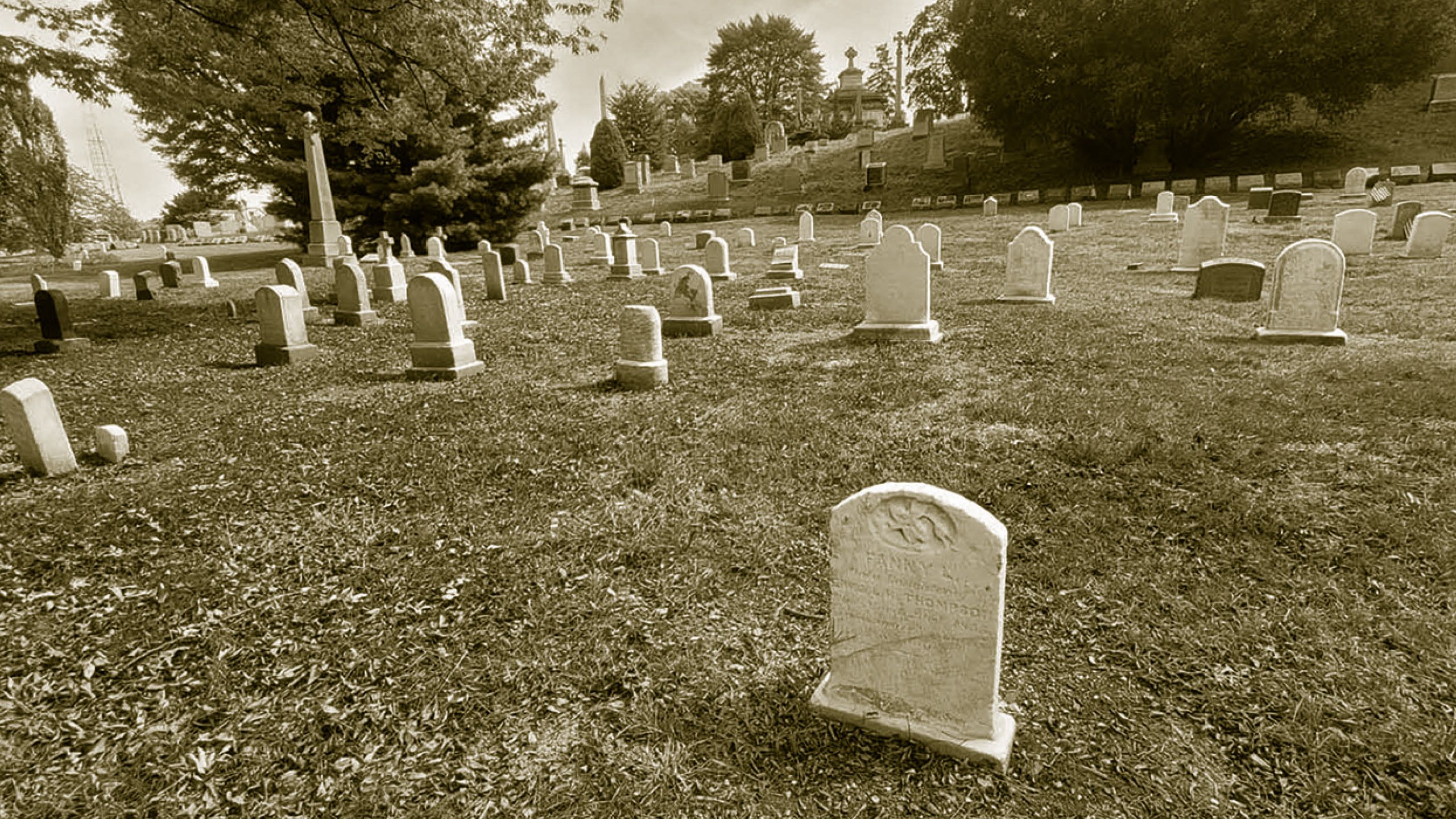 A cemetery with older graves and a monolith extends up a hill. 