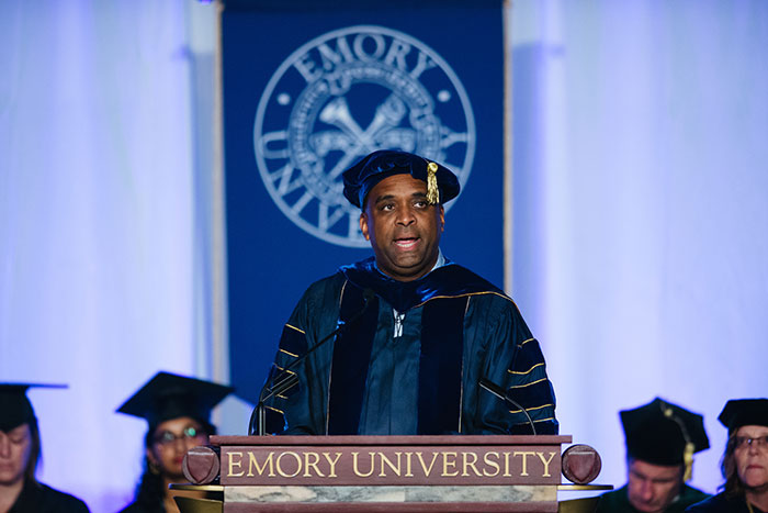 An Emory dean delivers a speech.
