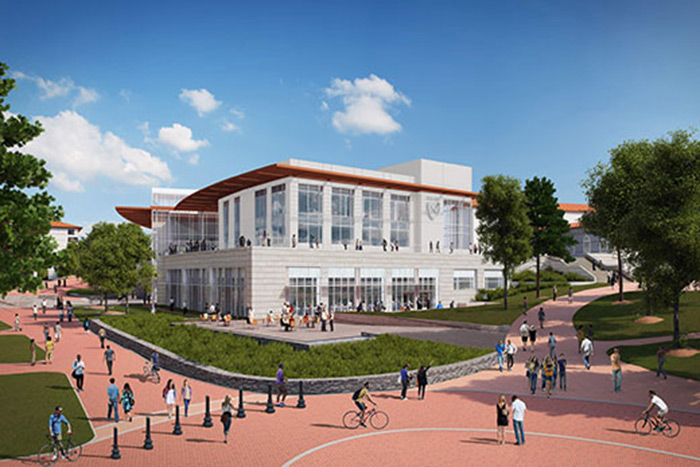 A rendering of the new Campus Life Center as viewed from Asbury Circle that shows the center has having lots of large windows and outdoor seating for students