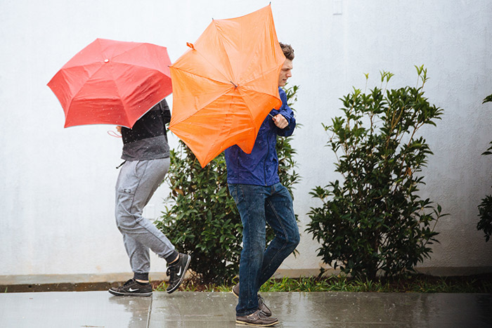 Students unsuccessfully try to use umbrellas to protect them from the weather conditions.